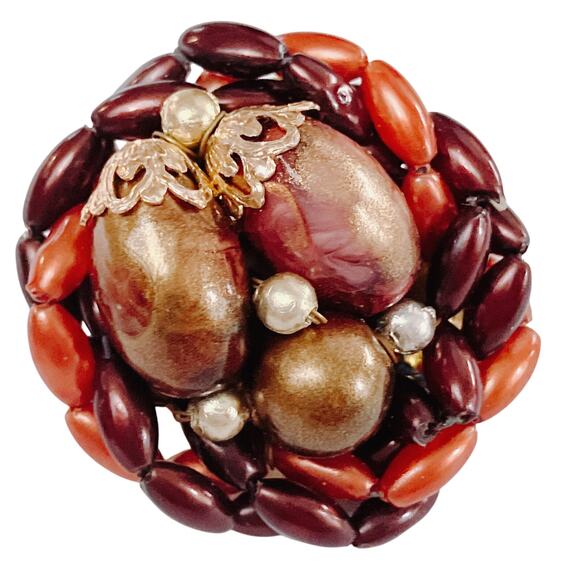 Vintage Hong Kong Beaded Cluster Clip On Earrings Mid Century 1960s Autumn Tones - Picture 3 of 10